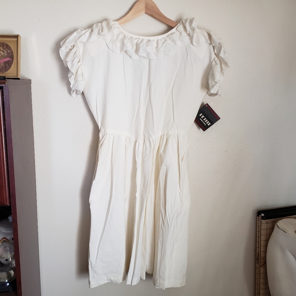 NWT Vintage Elisabeth 80s White Lace Ruffle Trimmed Dress Women's Size 9/10 NOS